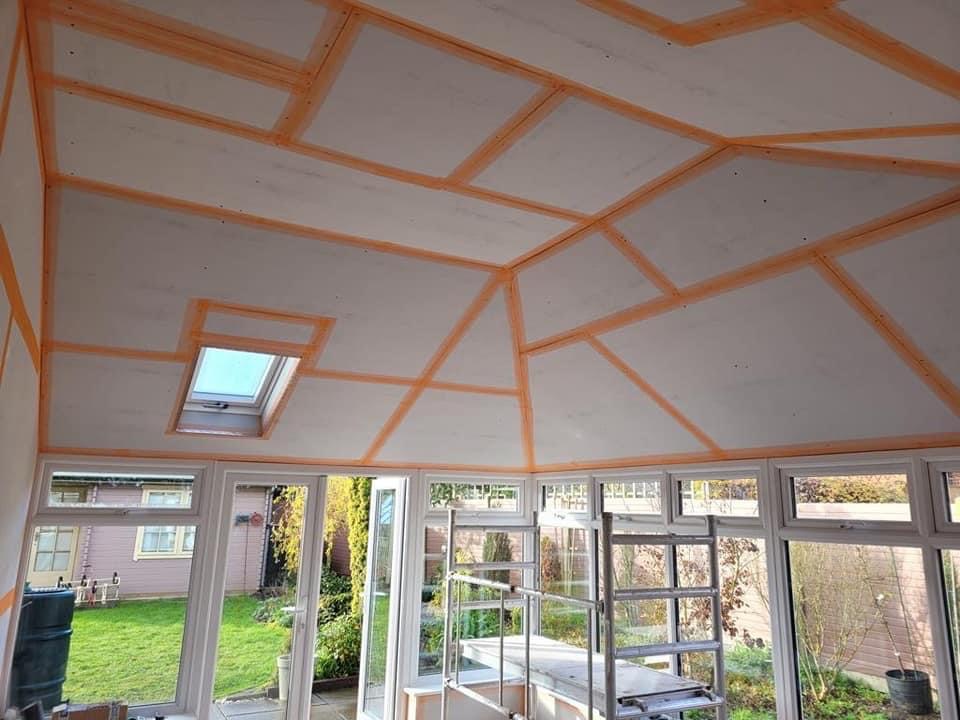 View of the conservatory roof under construction with sky light
